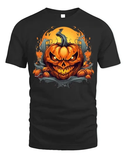 Halloween Fiery Evil Pumpkin Face T-Shirt - black t-shirt on white background