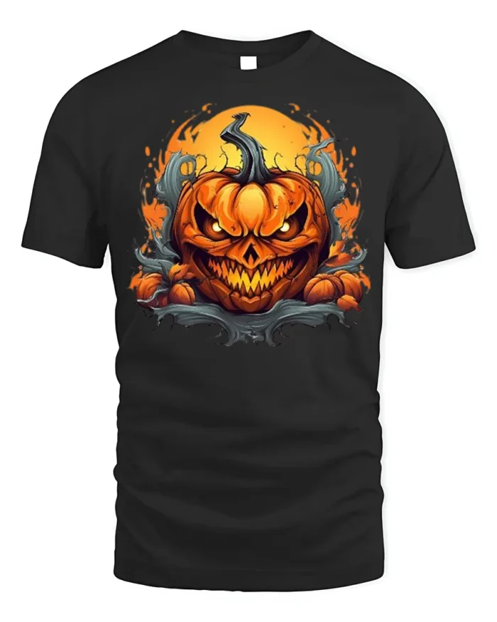 Halloween Fiery Evil Pumpkin Face T-Shirt - black t-shirt on white background