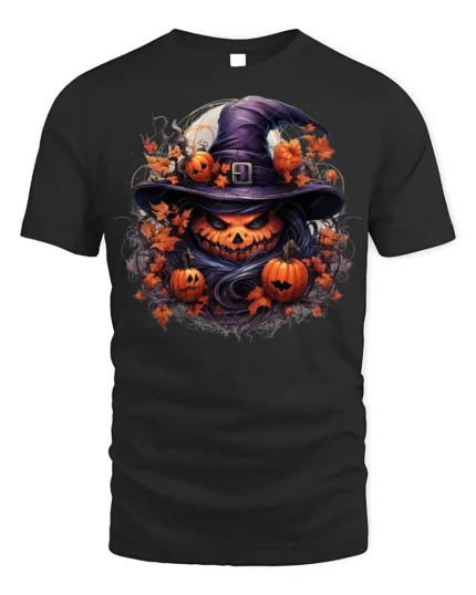 Halloween Pumpkin Witch Hat Graphic T-Shirt - black t-shirt on white background