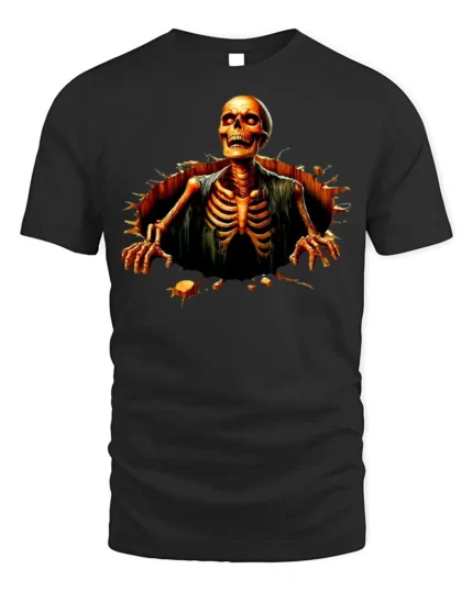 Halloween Skeleton Breaking Wall Graphic T-Shirt - black t-shirt on white background