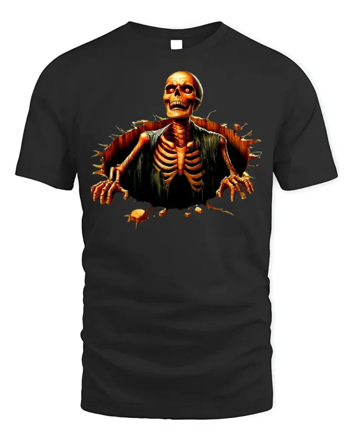Halloween Skeleton Breaking Wall Graphic T-Shirt - black t-shirt on white background