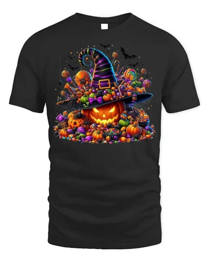 Halloween Candy Pumpkin Witch Hat T-Shirt - black t-shirt on white background