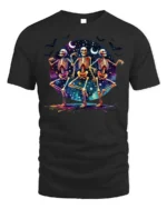 Halloween Dancing Skeletons Graphic T-Shirt - black t-shirt on white background