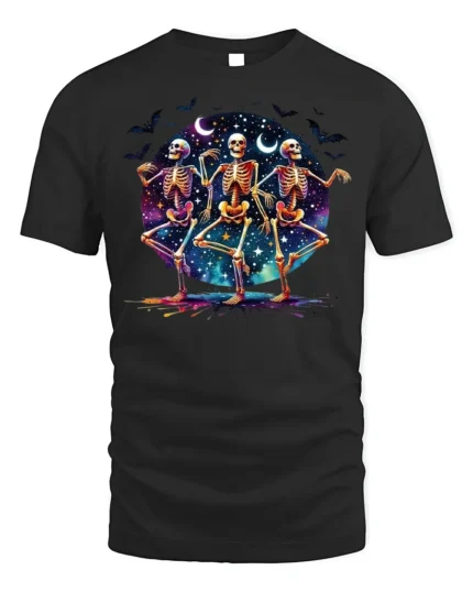 Halloween Dancing Skeletons Graphic T-Shirt - black t-shirt on white background