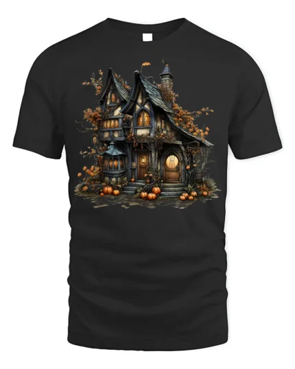 Haunted Halloween Pumpkin House T-Shirt - black t-shirt on white background