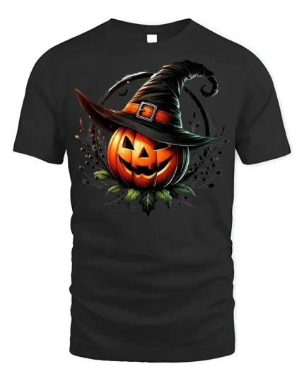 Halloween Jack O Lantern Witch Hat T-Shirt - black t-shirt on white background