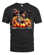 Halloween Skeleton Pumpkin Float T-Shirt - black t-shirt on white background