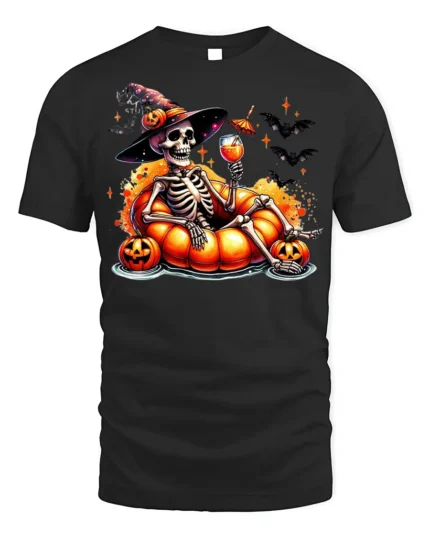 Halloween Skeleton Pumpkin Float T-Shirt - black t-shirt on white background