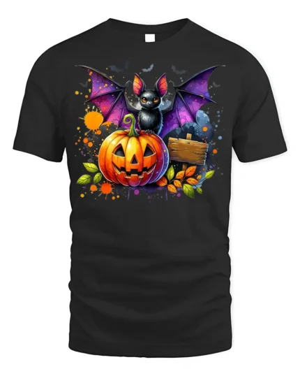 Halloween Bat and Pumpkin Graphic T-Shirt - black t-shirt on white background