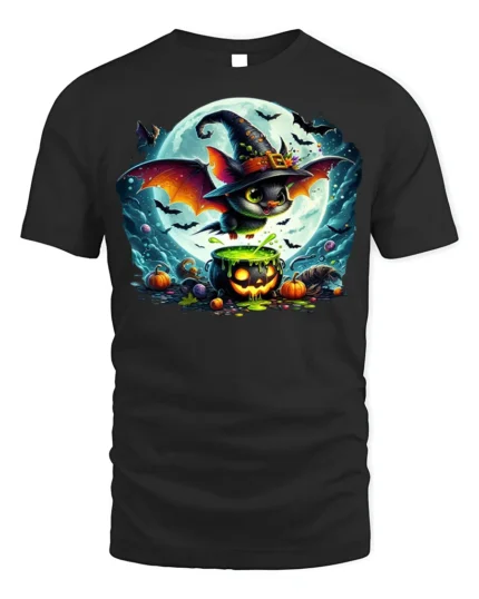 Halloween Witch Bat Cauldron Moon T-Shirt - black t-shirt on white background