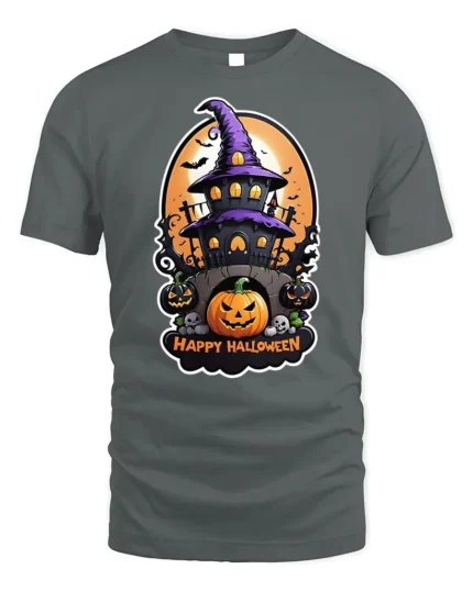 Happy Halloween Haunted House Pumpkin T-Shirt - gray t-shirt on white background
