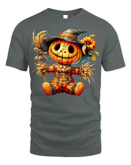 Halloween Pumpkin Scarecrow Doll T-Shirt - gray t-shirt on white background