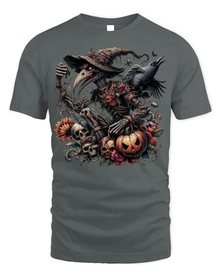 Halloween Evil Scarecrow Raven Pumpkin T-Shirt - gray t-shirt on white background