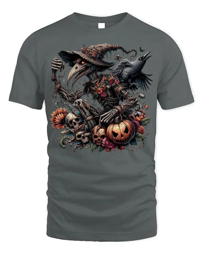 Halloween Evil Scarecrow Raven Pumpkin T-Shirt - gray t-shirt on white background