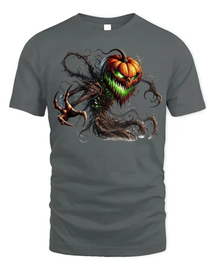 Halloween Evil Pumpkin Monster Graphic T-Shirt - gray t-shirt on white background