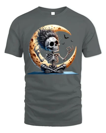 Halloween Yoga Skeleton Moon Graphic T-Shirt - gray t-shirt on white background