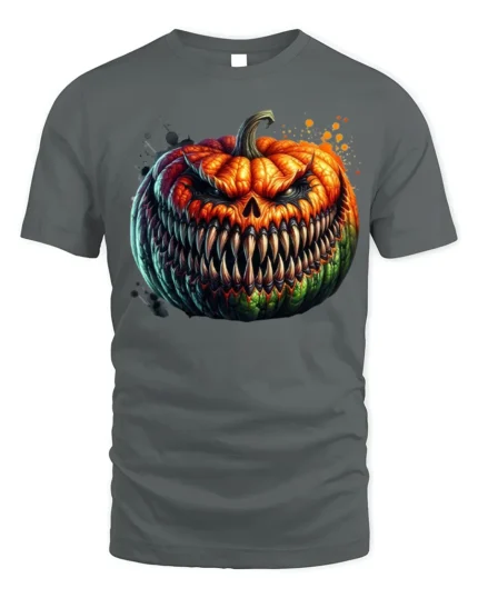Halloween Evil Grinning Pumpkin Face T-Shirt - gray t-shirt on white background