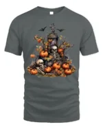 Halloween Skeleton Graveyard Pumpkin T-Shirt - gray t-shirt on white background
