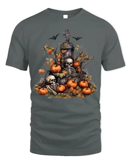 Halloween Skeleton Graveyard Pumpkin T-Shirt - gray t-shirt on white background