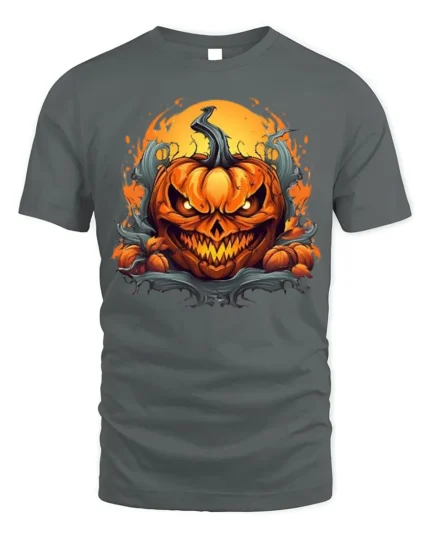 Halloween Fiery Evil Pumpkin Face T-Shirt - gray t-shirt on white background