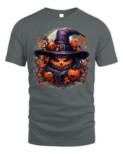 Halloween Pumpkin Witch Hat Graphic T-Shirt - gray t-shirt on white background