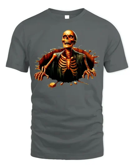 Halloween Skeleton Breaking Wall Graphic T-Shirt - gray t-shirt on white background