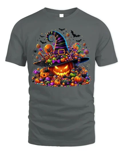 Halloween Candy Pumpkin Witch Hat T-Shirt - gray t-shirt on white background
