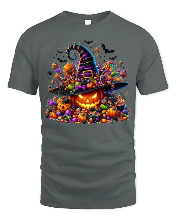 Halloween Candy Pumpkin Witch Hat T-Shirt - gray t-shirt on white background