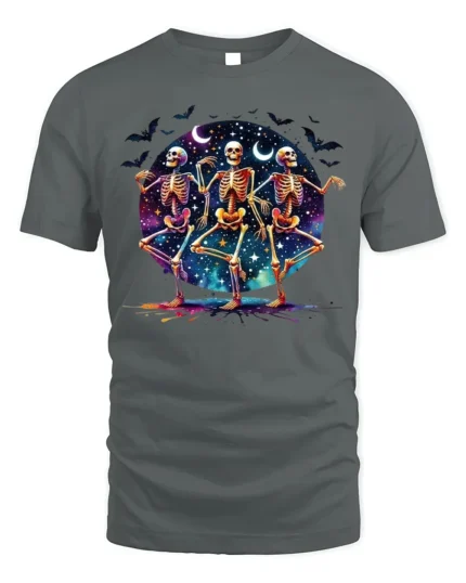 Halloween Dancing Skeletons Graphic T-Shirt - gray t-shirt on white background