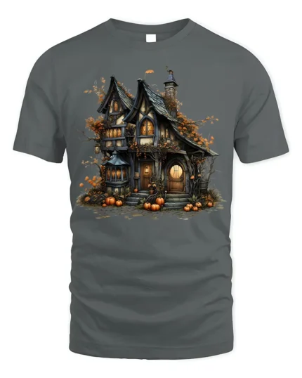 Haunted Halloween Pumpkin House T-Shirt - gray t-shirt on white background