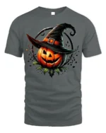 Halloween Jack O Lantern Witch Hat T-Shirt - gray t-shirt on white background