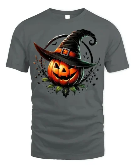 Halloween Jack O Lantern Witch Hat T-Shirt - gray t-shirt on white background