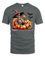Halloween Skeleton Pumpkin Float T-Shirt - gray t-shirt on white background