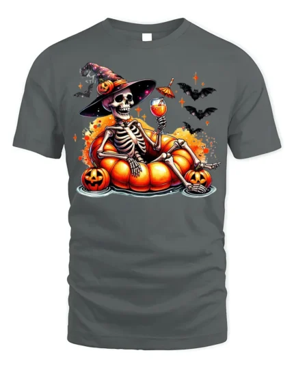 Halloween Skeleton Pumpkin Float T-Shirt - gray t-shirt on white background