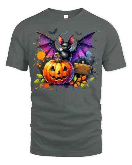 Halloween Bat and Pumpkin Graphic T-Shirt - gray t-shirt on white background
