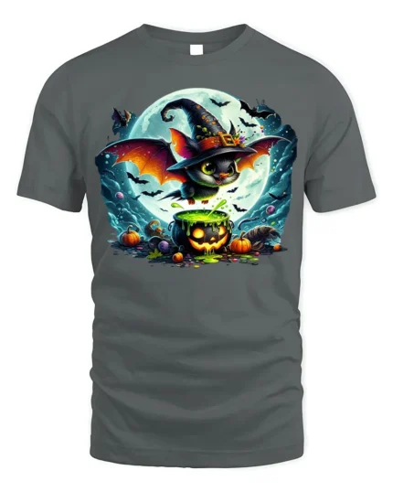 Halloween Witch Bat Cauldron Moon T-Shirt - gray t-shirt on white background
