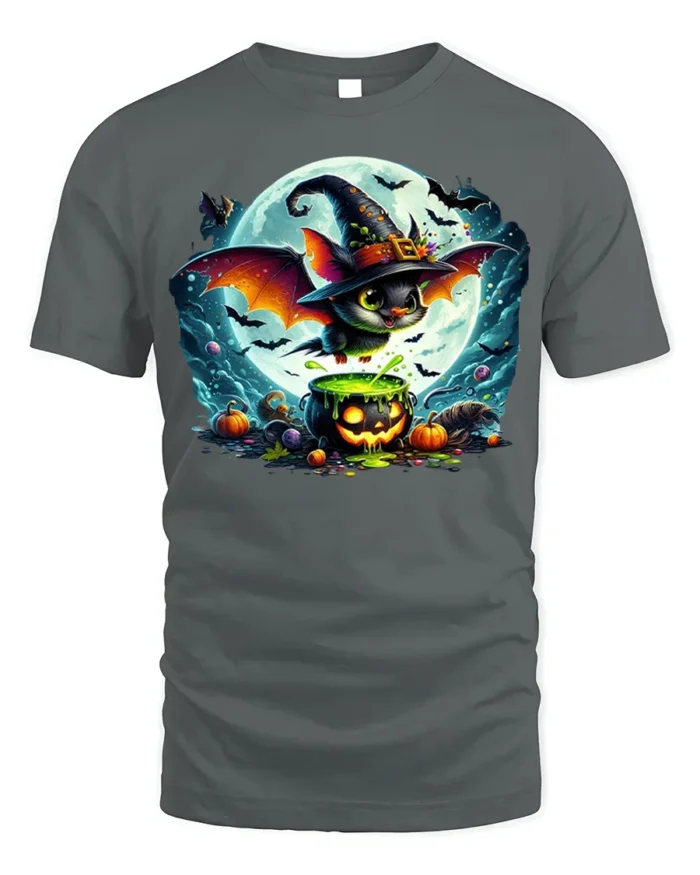 Halloween Witch Bat Cauldron Moon T-Shirt - gray t-shirt on white background