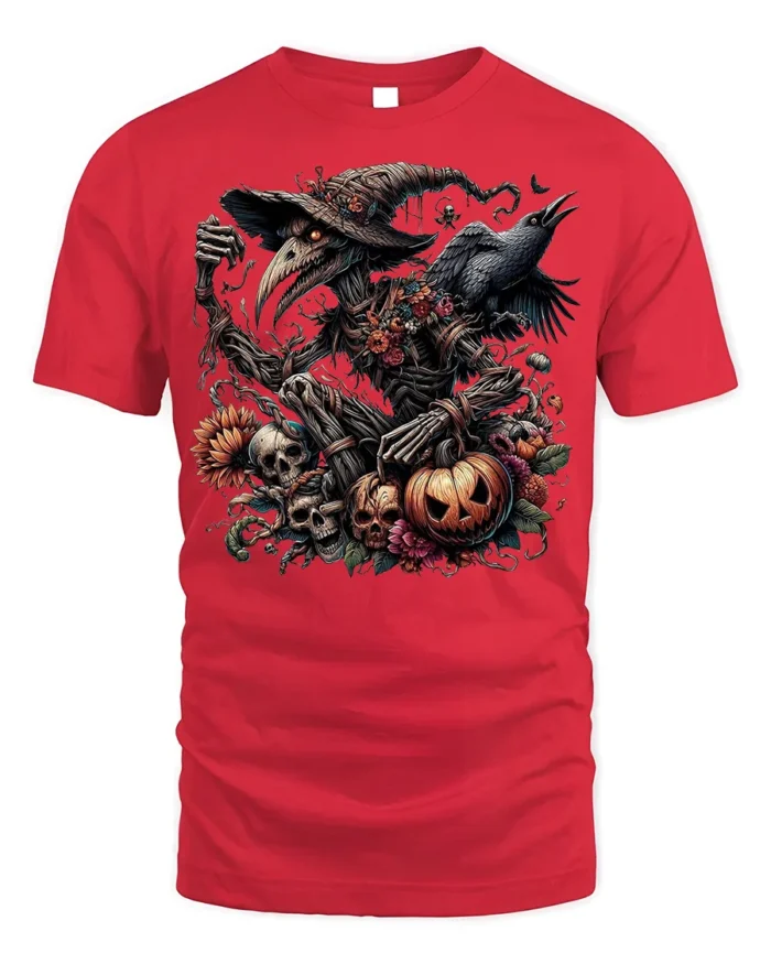 Halloween Evil Scarecrow Raven Pumpkin T-Shirt - red t-shirt on white background
