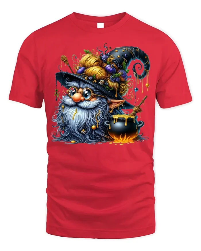 Halloween Wizard Gnome Cauldron Magic T-Shirt - red t-shirt on white background