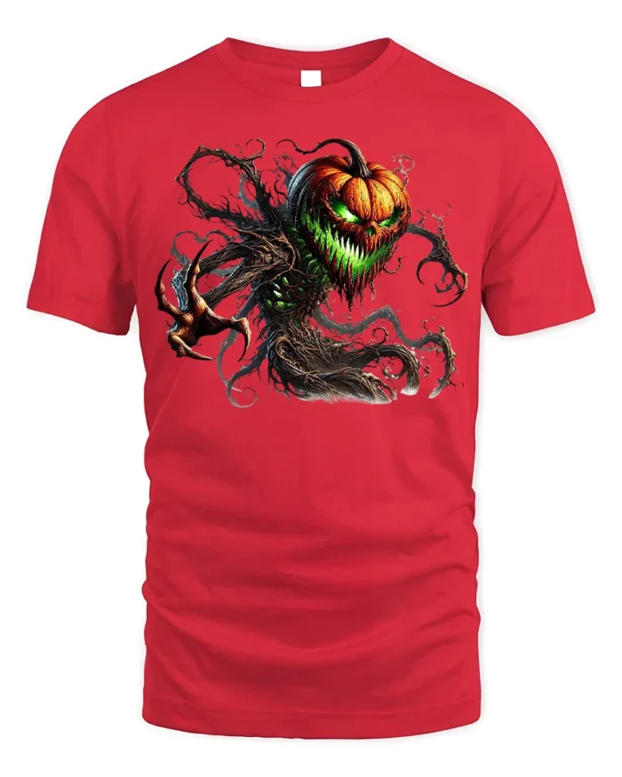 Halloween Evil Pumpkin Monster Graphic T-Shirt - red t-shirt on white background