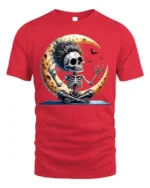 Halloween Yoga Skeleton Moon Graphic T-Shirt - red t-shirt on white background