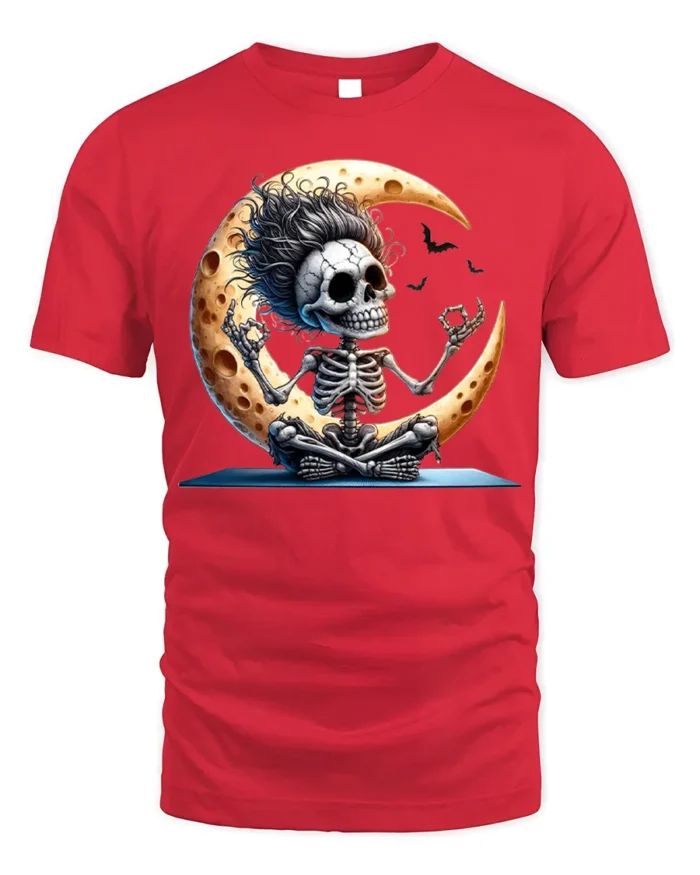 Halloween Yoga Skeleton Moon Graphic T-Shirt - red t-shirt on white background
