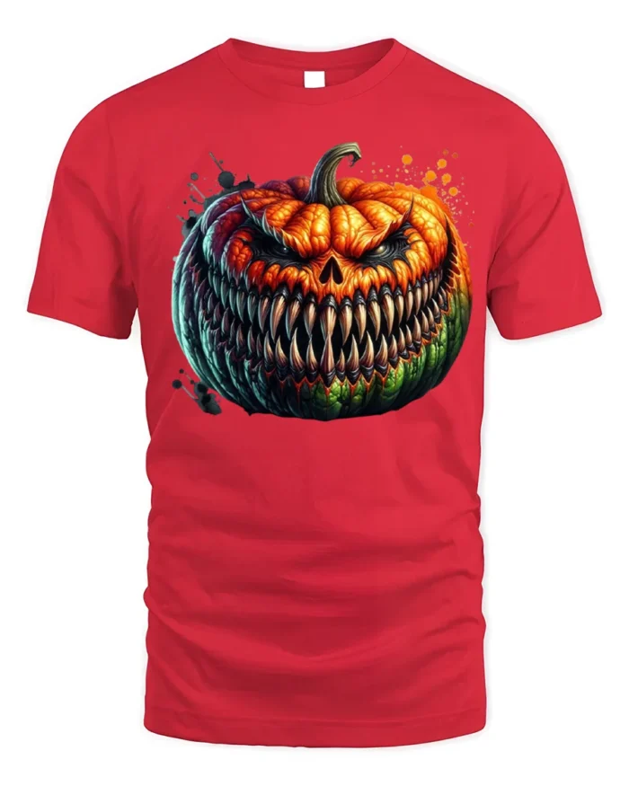 Halloween Evil Grinning Pumpkin Face T-Shirt - red t-shirt on white background