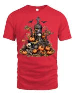 Halloween Skeleton Graveyard Pumpkin T-Shirt - red t-shirt on white background