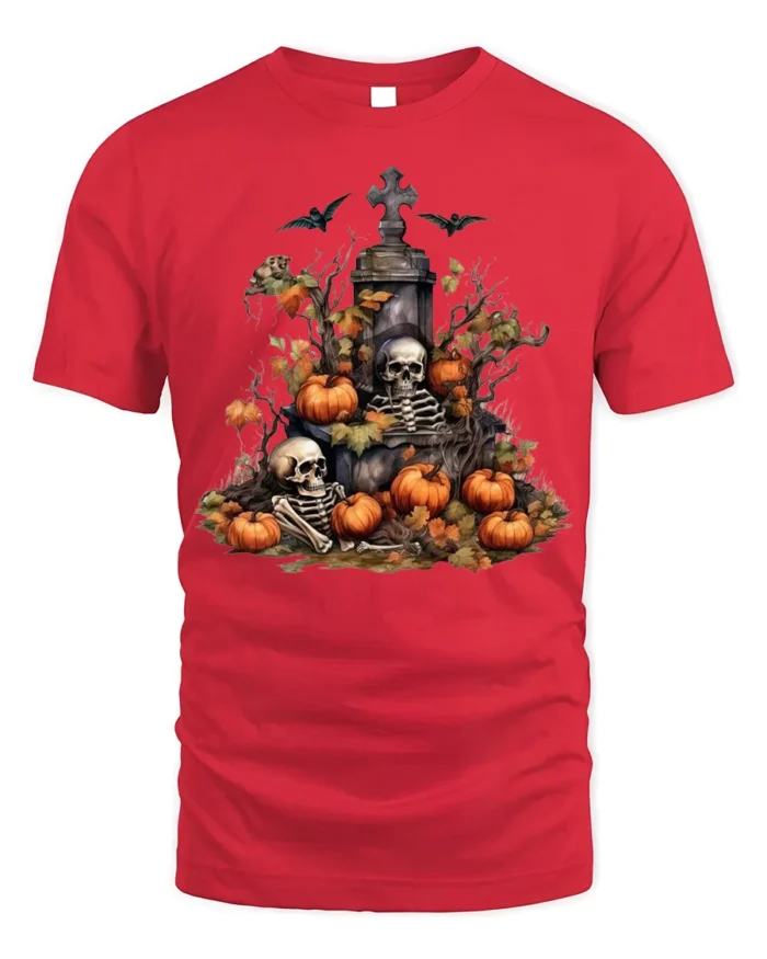 Halloween Skeleton Graveyard Pumpkin T-Shirt - red t-shirt on white background