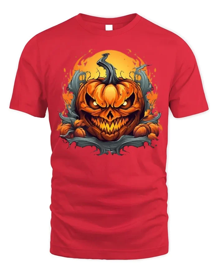 Halloween Fiery Evil Pumpkin Face T-Shirt - red t-shirt on white background