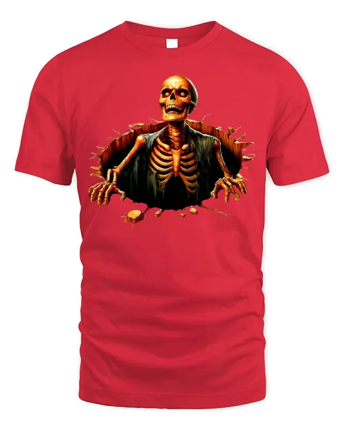 Halloween Skeleton Breaking Wall Graphic T-Shirt - red t-shirt on white background