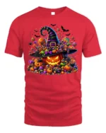 Halloween Candy Pumpkin Witch Hat T-Shirt - red t-shirt on white background