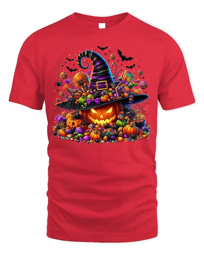 Halloween Candy Pumpkin Witch Hat T-Shirt - red t-shirt on white background