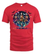 Halloween Dancing Skeletons Graphic T-Shirt - red t-shirt on white background